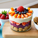 **

A colorful spread of healthy snacks arranged on a table. Include veggie sticks with hummus, a fruit and yogurt parfait, and homemade energy bites. Focus on vibrant colors and an appealing, appetizing presentation. The overall feel should be clean, healthy, and inviting. Aim for a bright, natural lighting.

**