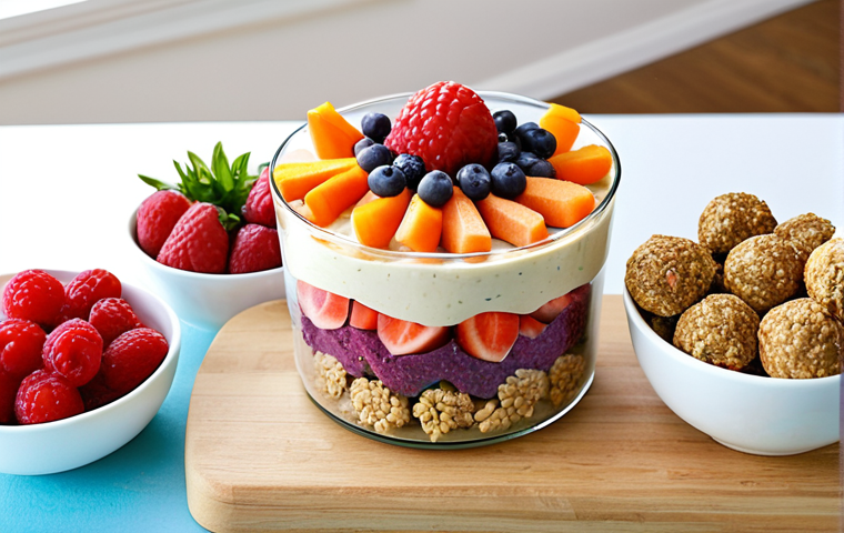 **
A colorful spread of healthy snacks arranged on a table. Include veggie sticks with hummus, a fruit and yogurt parfait, and homemade energy bites. Focus on vibrant colors and an appealing, appetizing presentation. The overall feel should be clean, healthy, and inviting. Aim for a bright, natural lighting.
**