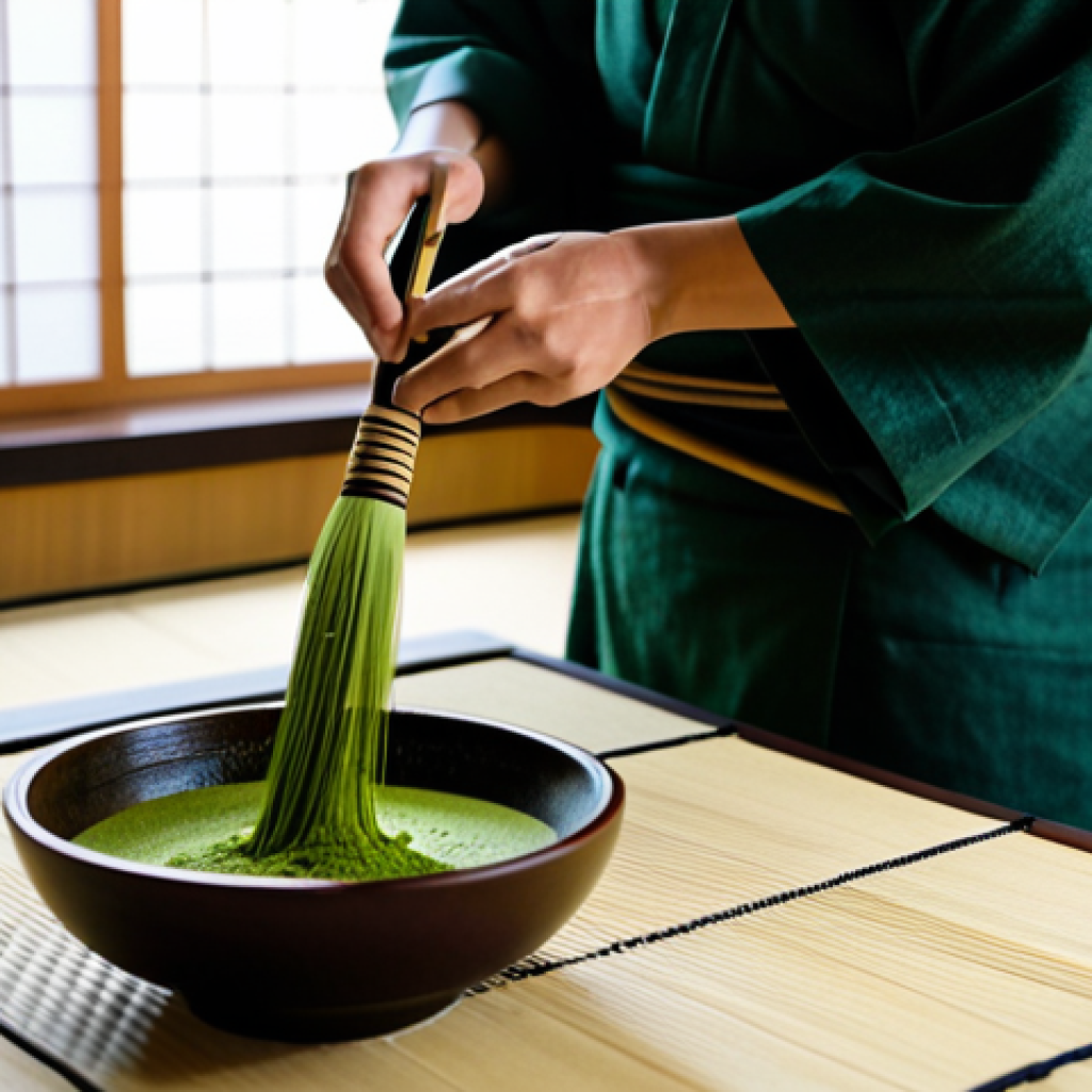 Ceremonial Matcha Preparation**

"A serene scene of a person preparing ceremonial grade matcha in a traditional Japanese tea room. The focus is on the vibrant green matcha powder being whisked in a bowl with a bamboo whisk (chasen). Soft, natural light illuminates the scene. The person is fully clothed in modest, comfortable attire. Background includes traditional tatami mats and shoji screens. safe for work, appropriate content, fully clothed, professional, perfect anatomy, natural proportions, high quality photography."

**