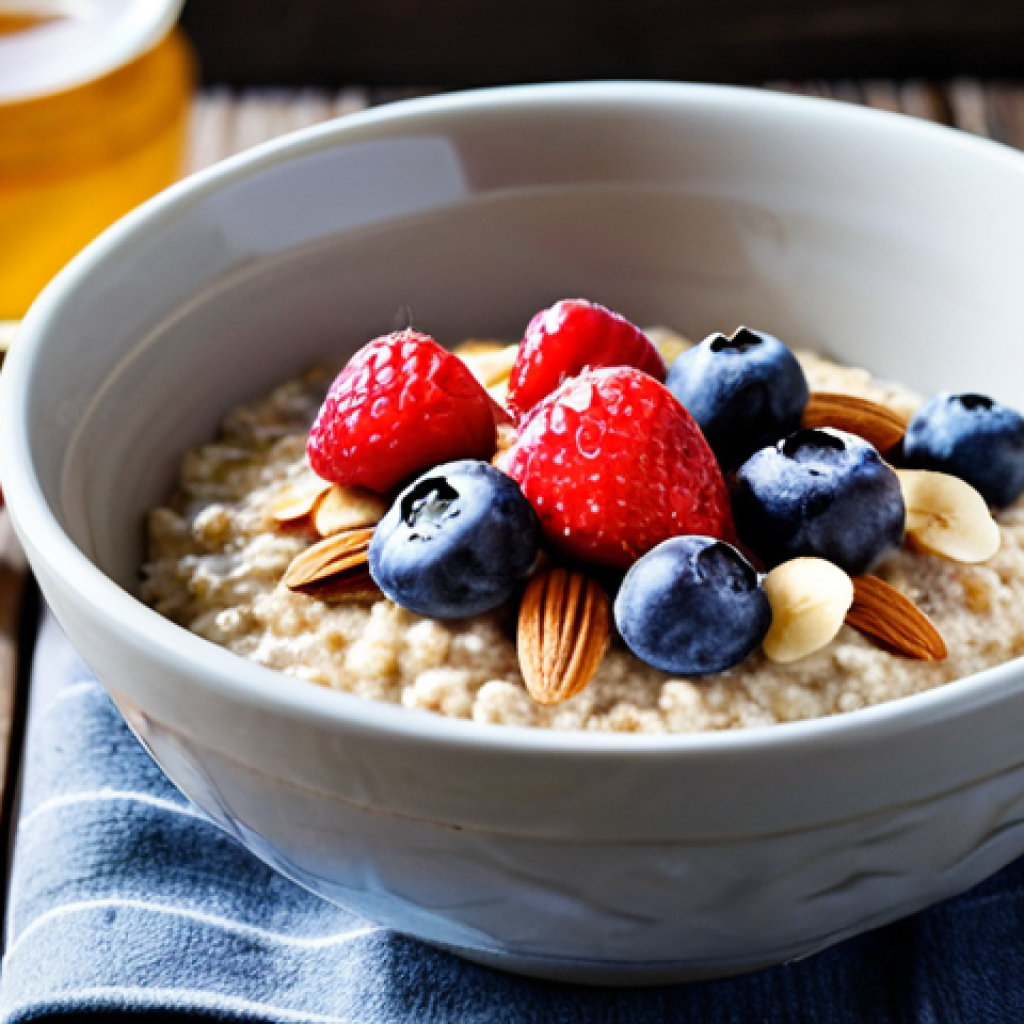 Gourmet Oatmeal Bowl**

"A beautifully styled bowl of oatmeal topped with fresh berries (strawberries, blueberries, raspberries), sliced almonds, a drizzle of honey, and a sprinkle of cinnamon, served on a rustic wooden table, natural light, close-up shot, fully clothed, safe for work, appropriate content, professional food photography, perfect anatomy, natural proportions, family-friendly, modest."

**