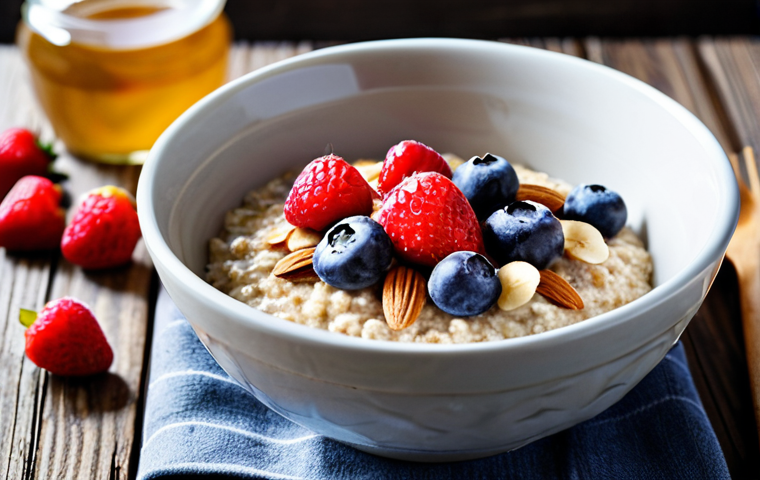 Gourmet Oatmeal Bowl**

"A beautifully styled bowl of oatmeal topped with fresh berries (strawberries, blueberries, raspberries), sliced almonds, a drizzle of honey, and a sprinkle of cinnamon, served on a rustic wooden table, natural light, close-up shot, fully clothed, safe for work, appropriate content, professional food photography, perfect anatomy, natural proportions, family-friendly, modest."

**