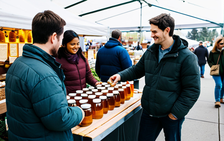 **Prompt:** A diverse group of people at a farmer's market, browsing honey stands and maple syrup displays, fully clothed in casual attire, appropriate content, safe for work, professional photograph, natural lighting, focus on ethical sourcing and sustainable practices, family-friendly scene, perfect anatomy, correct proportions.