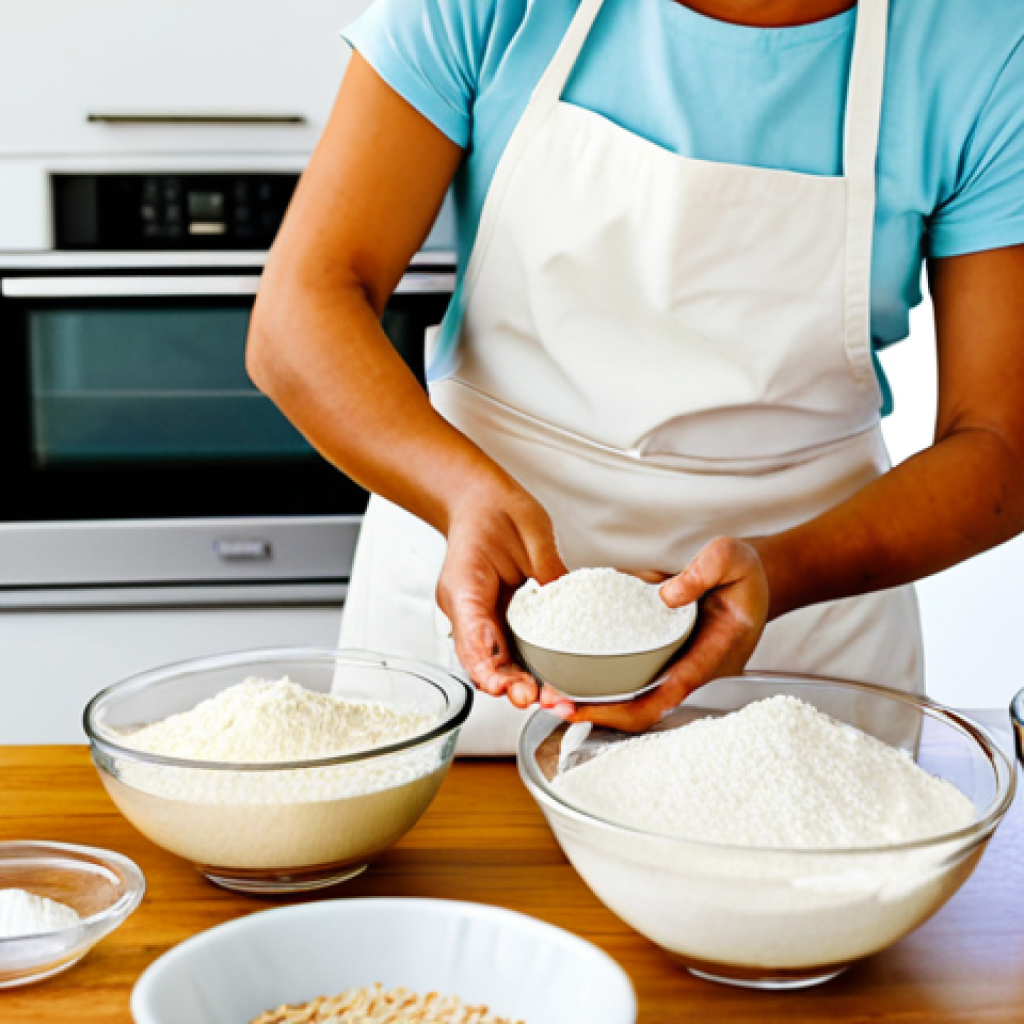 Gluten-Free Cake Baking**

A brightly lit kitchen scene with a baker carefully measuring ingredients for a gluten-free cake. Various gluten-free flours (almond, rice, tapioca starch) are visible in labeled containers. A stand mixer is ready with a mixing bowl. The baker is wearing a clean apron and has a friendly expression. "perfect anatomy", "correct proportions", "natural pose", "well-formed hands", "proper finger count", "natural body proportions", "fully clothed", "appropriate attire", "professional", "modest", "safe for work", "appropriate content", "high quality", "professional photography".

**