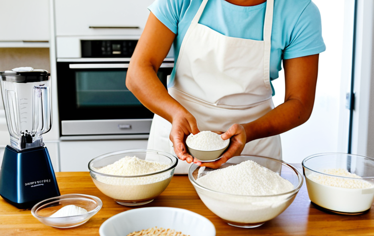Gluten-Free Cake Baking**

A brightly lit kitchen scene with a baker carefully measuring ingredients for a gluten-free cake. Various gluten-free flours (almond, rice, tapioca starch) are visible in labeled containers. A stand mixer is ready with a mixing bowl. The baker is wearing a clean apron and has a friendly expression. "perfect anatomy", "correct proportions", "natural pose", "well-formed hands", "proper finger count", "natural body proportions", "fully clothed", "appropriate attire", "professional", "modest", "safe for work", "appropriate content", "high quality", "professional photography".

**