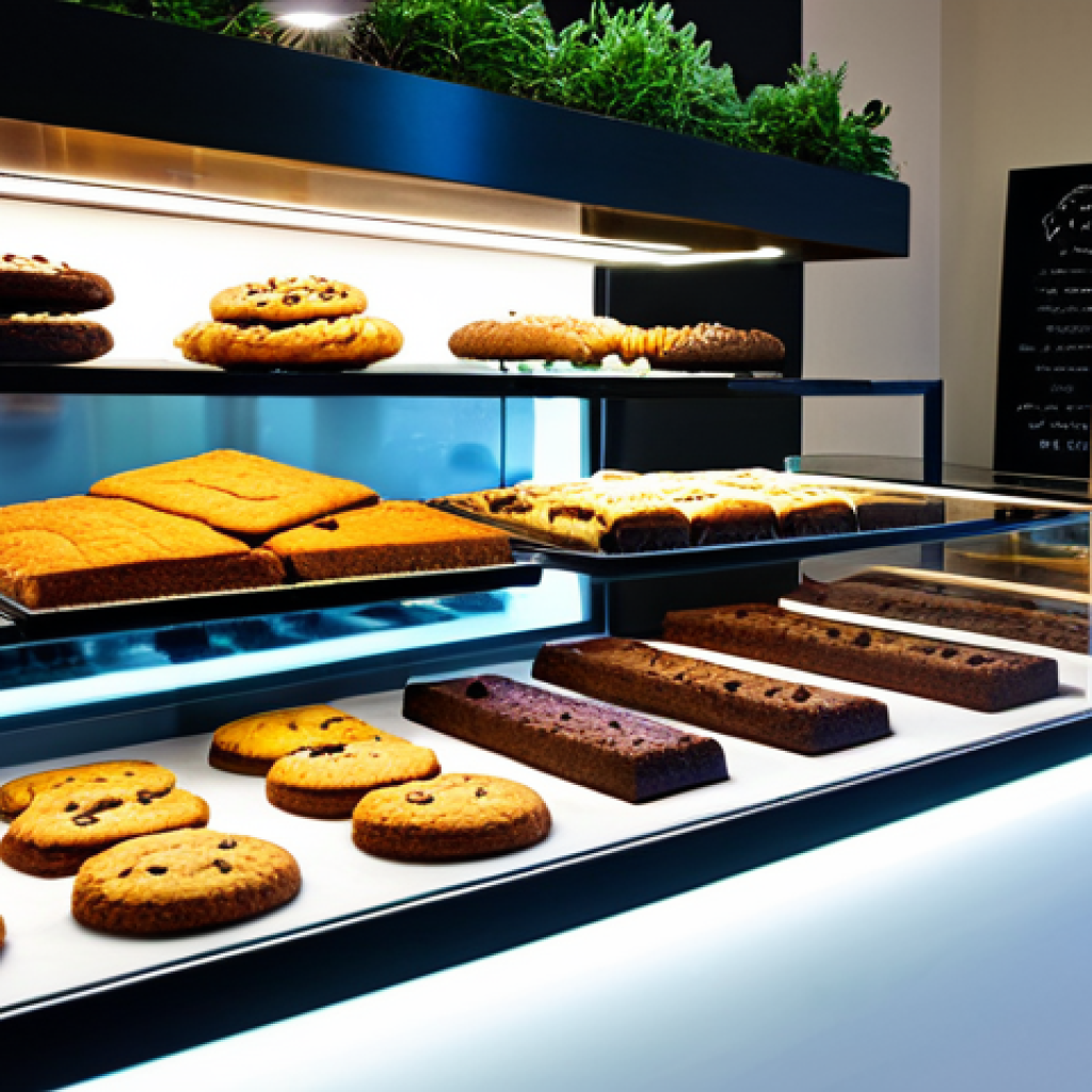 비건 베이커리 브랜드 비교 - "A brightly lit display case in a modern bakery, showcasing a variety of vegan brownies and cookies ...