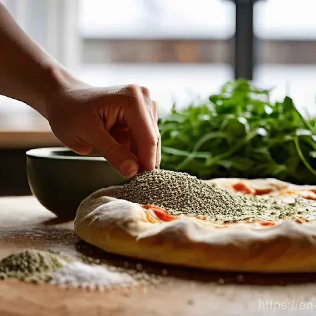 집에서 만드는 비건 피자 레시피 - **Aromatic No-Knead Vegan Pizza Dough with Rustic Charm:**
    A close-up, high-definition food phot...