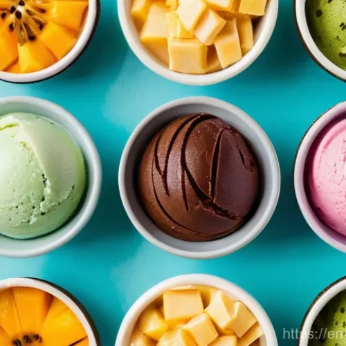 Home 1 비건 아이스크림 브랜드 비교 - **Prompt:** A vibrant, high-angle flat lay shot showcasing an array of diverse vegan ice cream flavo...