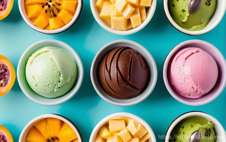 비건 아이스크림 브랜드 비교 - **Prompt:** A vibrant, high-angle flat lay shot showcasing an array of diverse vegan ice cream flavo...