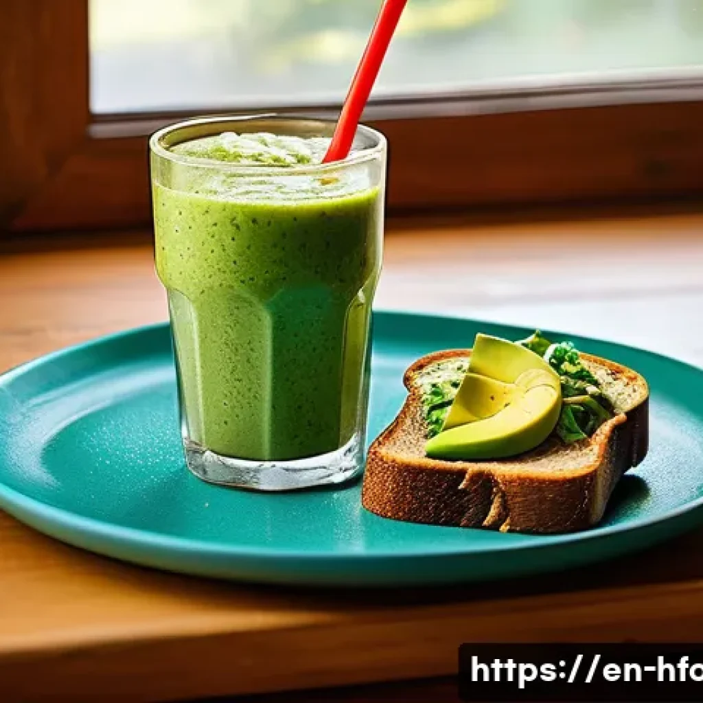 아보카도의 건강 효과와 활용법 - A vibrant breakfast scene featuring a rustic wooden table with whole-grain toast generously spread w...