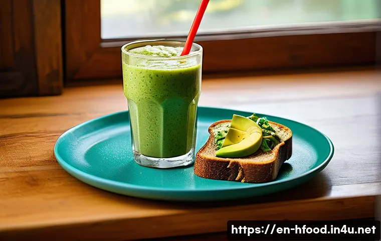 아보카도의 건강 효과와 활용법 - A vibrant breakfast scene featuring a rustic wooden table with whole-grain toast generously spread w...