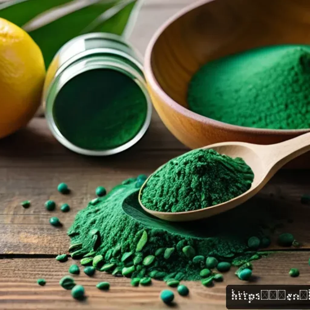 스피루리나와 클로렐라 효능 비교 - A vibrant, close-up still life of spirulina powder and chlorella tablets artfully arranged on a rust...