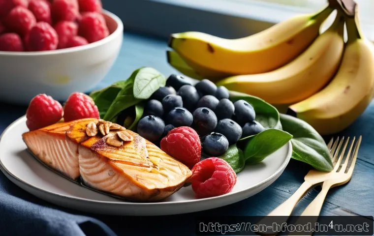 혈압 조절에 좋은 음식 리스트 - A vibrant, colorful kitchen scene featuring a wooden table filled with heart-healthy foods: fresh ba...