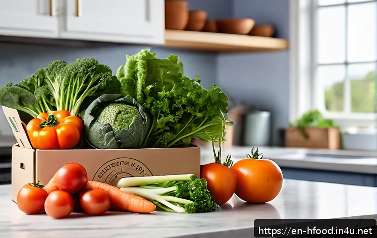 유기농 채소 박스 구독 서비스 비교 - A vibrant and inviting scene of a family kitchen table filled with a variety of fresh organic vegeta...