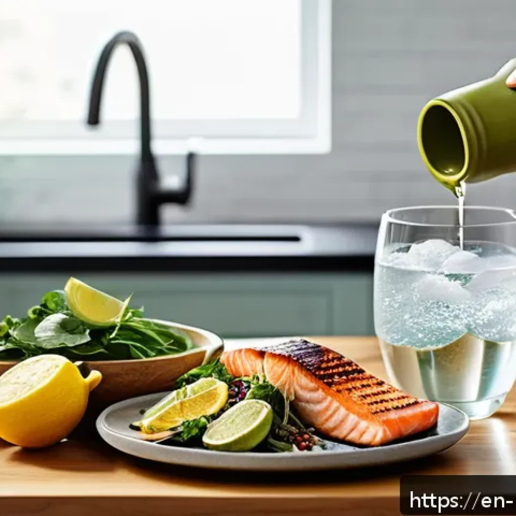 지방 연소를 돕는 음식 리스트 - A vibrant, modern kitchen scene featuring a diverse assortment of metabolism-boosting foods artfully...