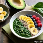 혈압에 좋은 칼륨이 많은 음식 - A vibrant, close-up still life of a heart-healthy breakfast table featuring a colorful smoothie bowl...