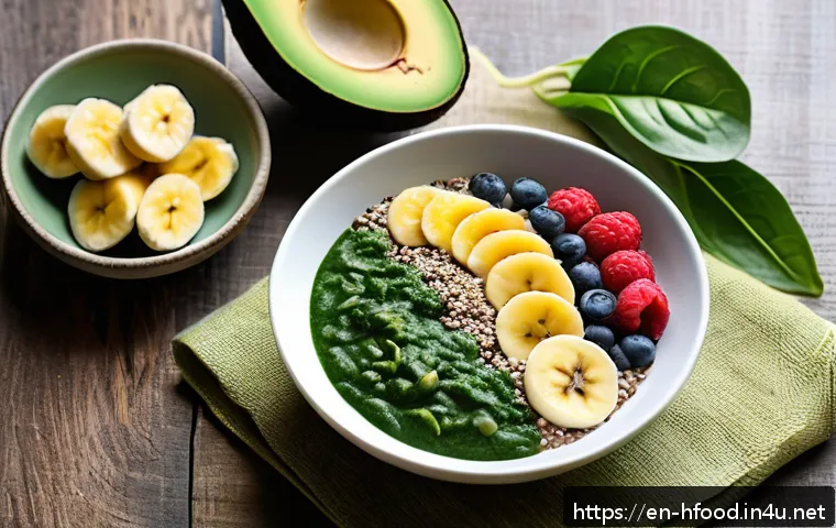 혈압에 좋은 칼륨이 많은 음식 - A vibrant, close-up still life of a heart-healthy breakfast table featuring a colorful smoothie bowl...