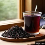 면역력 강화를 위한 허브 차 추천 - A cozy kitchen scene featuring a steaming cup of elderberry tea in a clear glass mug, surrounded by ...