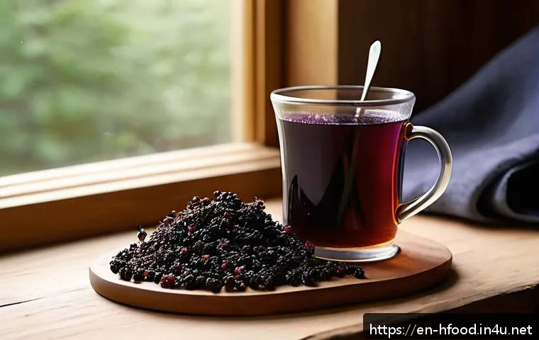 면역력 강화를 위한 허브 차 추천 - A cozy kitchen scene featuring a steaming cup of elderberry tea in a clear glass mug, surrounded by ...