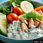 다이어트용 간편 요리 레시피 - A vibrant close-up of a Greek yogurt chicken salad served in a rustic ceramic bowl on a wooden table...
