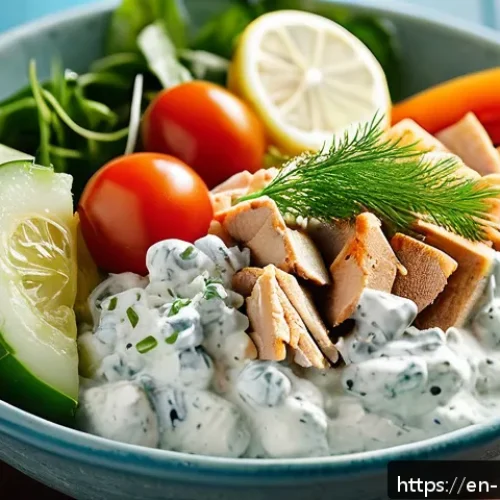 다이어트용 간편 요리 레시피 - A vibrant close-up of a Greek yogurt chicken salad served in a rustic ceramic bowl on a wooden table...