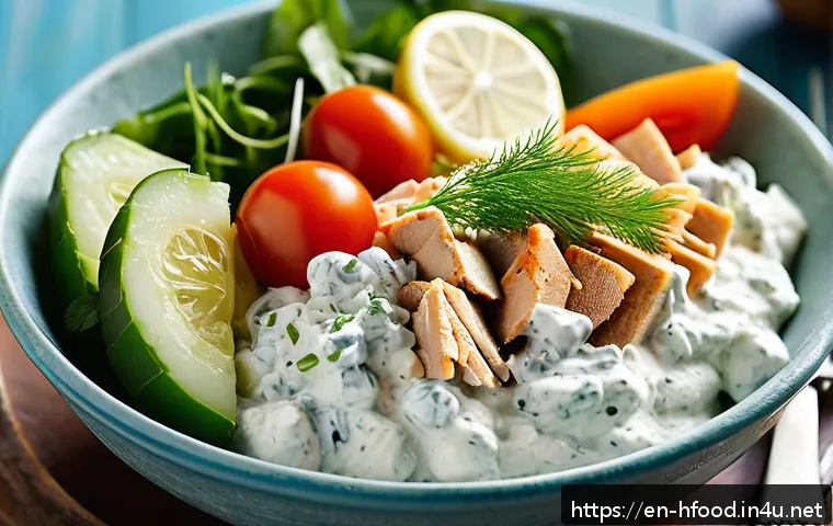 다이어트용 간편 요리 레시피 - A vibrant close-up of a Greek yogurt chicken salad served in a rustic ceramic bowl on a wooden table...