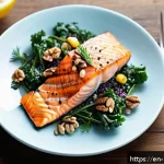 스트레스 해소를 돕는 음식 - A vibrant, close-up still life composition of a healthy meal featuring a grilled salmon fillet garni...