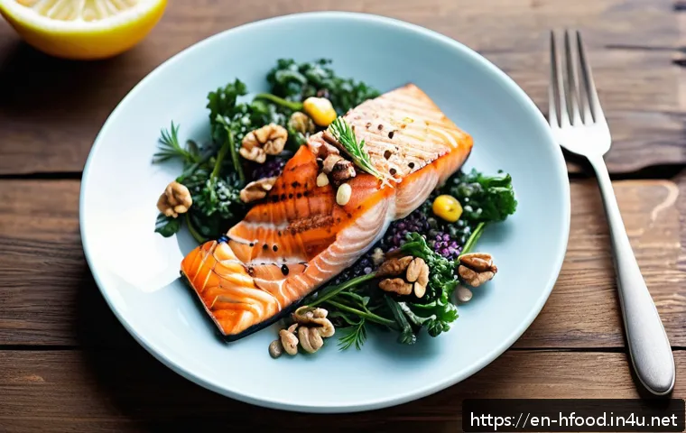 스트레스 해소를 돕는 음식 - A vibrant, close-up still life composition of a healthy meal featuring a grilled salmon fillet garni...