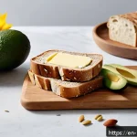 비건 버터 브랜드 비교 - A close-up, high-resolution image of a rustic breakfast table featuring a wooden cutting board with ...