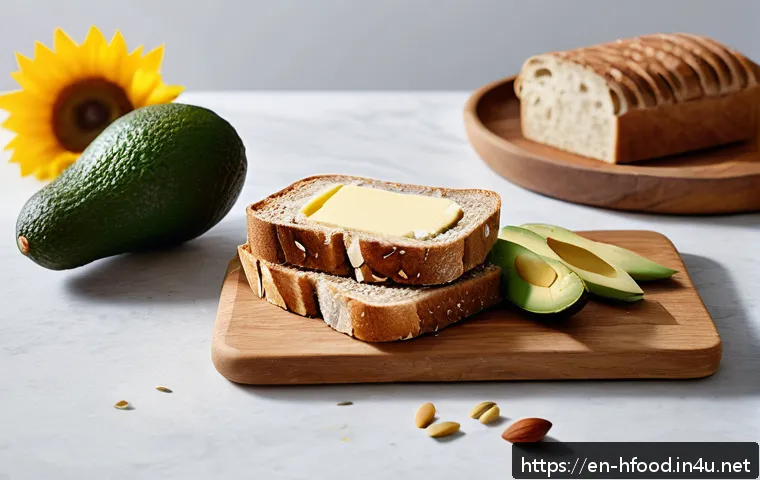비건 버터 브랜드 비교 - A close-up, high-resolution image of a rustic breakfast table featuring a wooden cutting board with ...