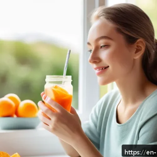 콜라겐 음료와 젤리 제품 비교 - A bright, modern kitchen setting with a young woman enjoying a collagen drink in a glass bottle, sit...