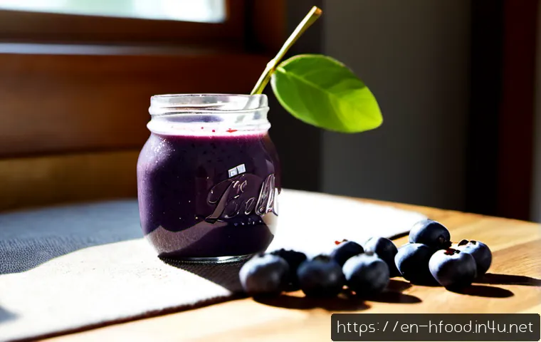 Home 17 블루베리의 항산화 효능과 섭취 방법 - Photorealistic close-up of fresh ripe blueberries in a small white ceramic bowl beside a glass jar o...