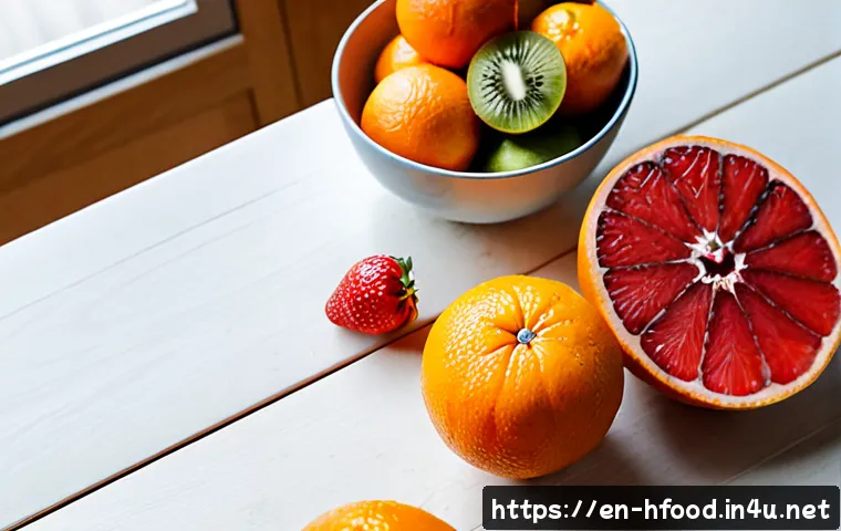 면역력 강화에 좋은 과일 리스트 - Photorealistic overhead still life of immune-supporting fruits arranged neatly on a light wooden kit...